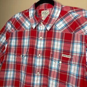 Lucky Brand Mens Large Pearl Snap Shirt Red Blue Plaid Western Short Sleeve